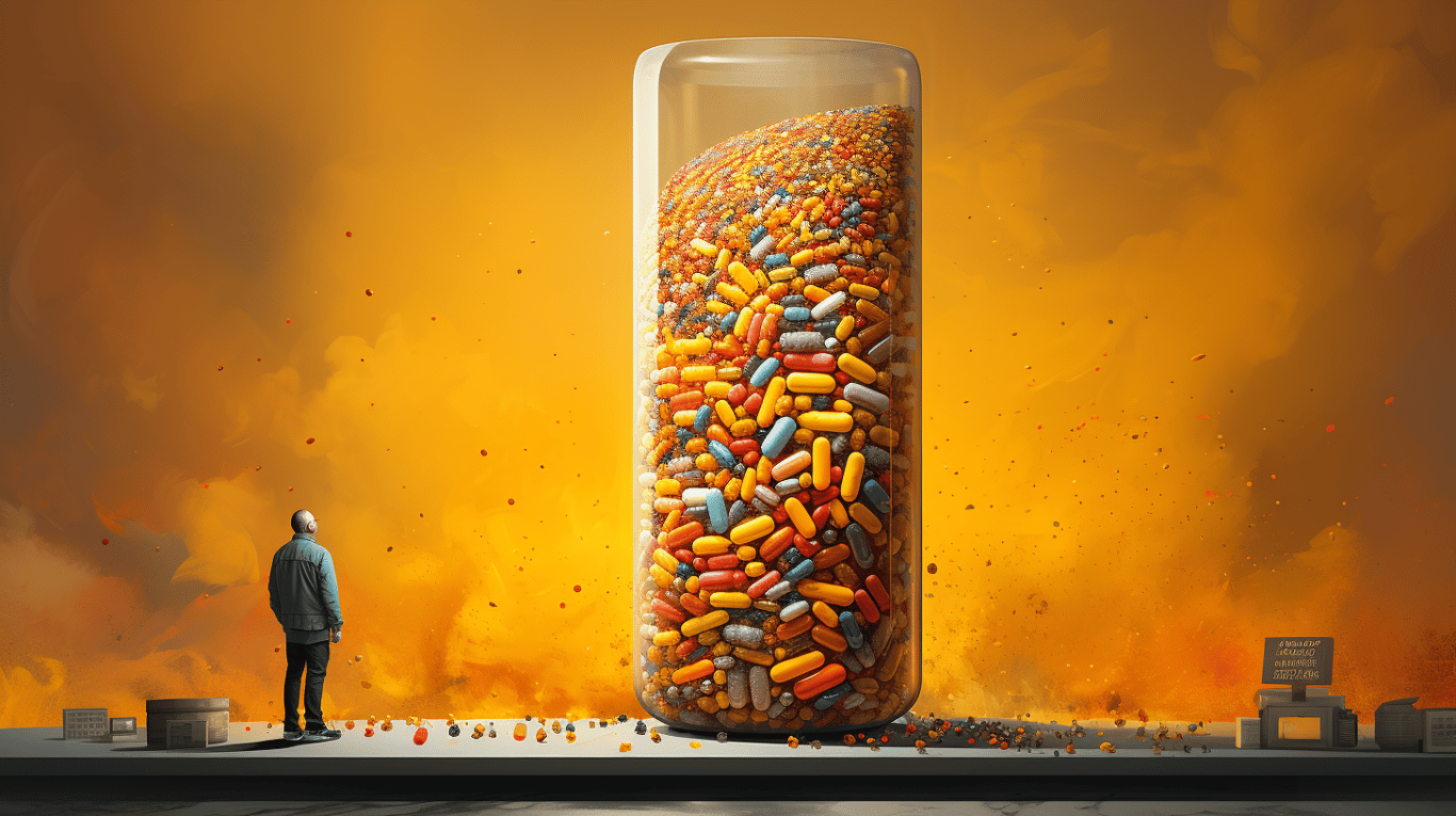 abstract image of a researcher studying a bottle of drug.