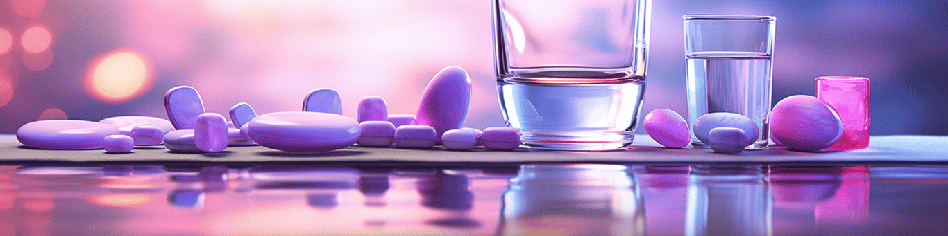 image of drug pills surrounding a glass of water symbolizing drug consumption