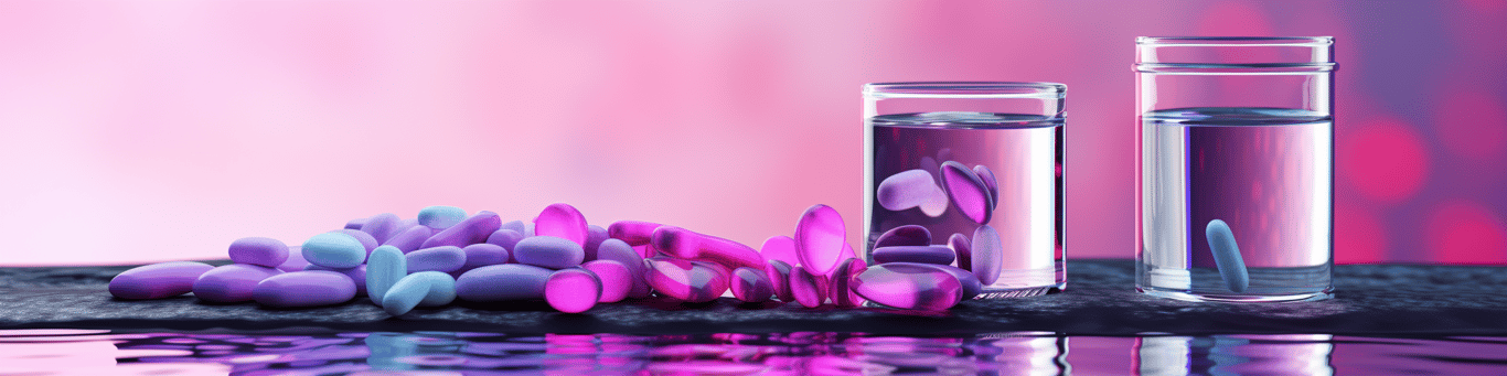 image of drug pills surrounding a glass of water symbolizing drug consumption