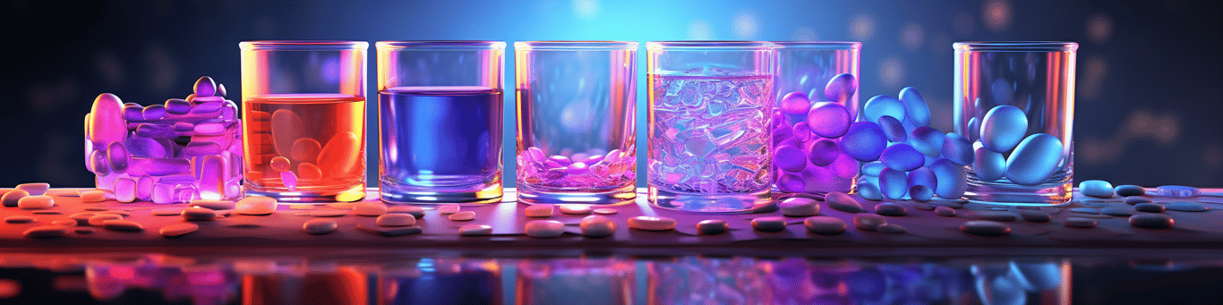 image of drug pills surrounding a glass of water symbolizing drug consumption