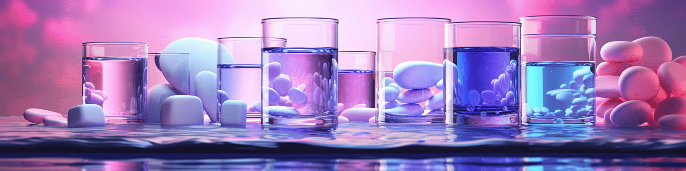 image of drug pills surrounding a glass of water symbolizing drug consumption