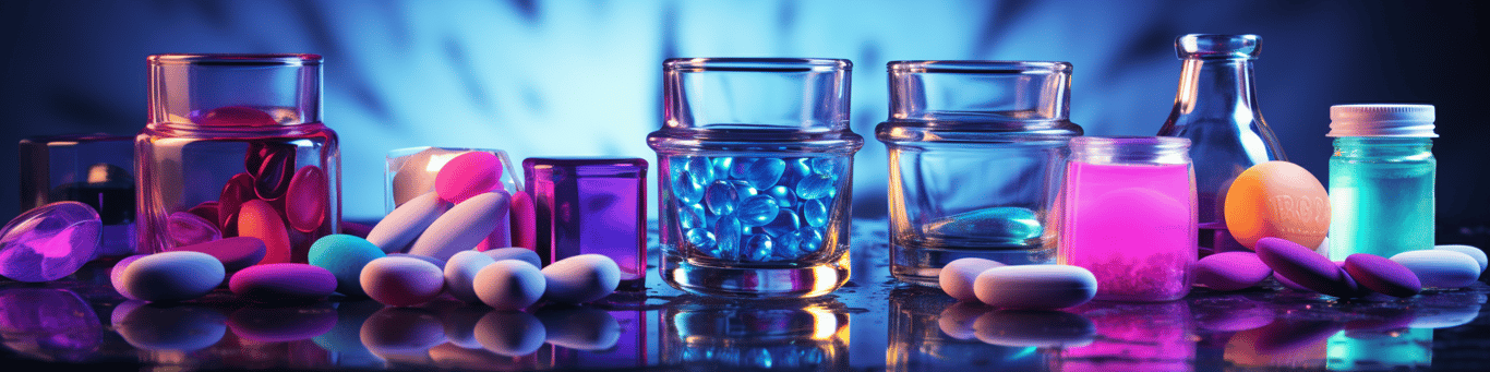 image of drug pills surrounding a glass of water symbolizing drug consumption