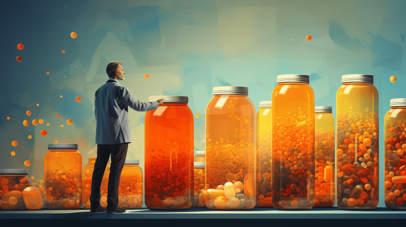 abstract image of a researcher studying a bottle of drug.