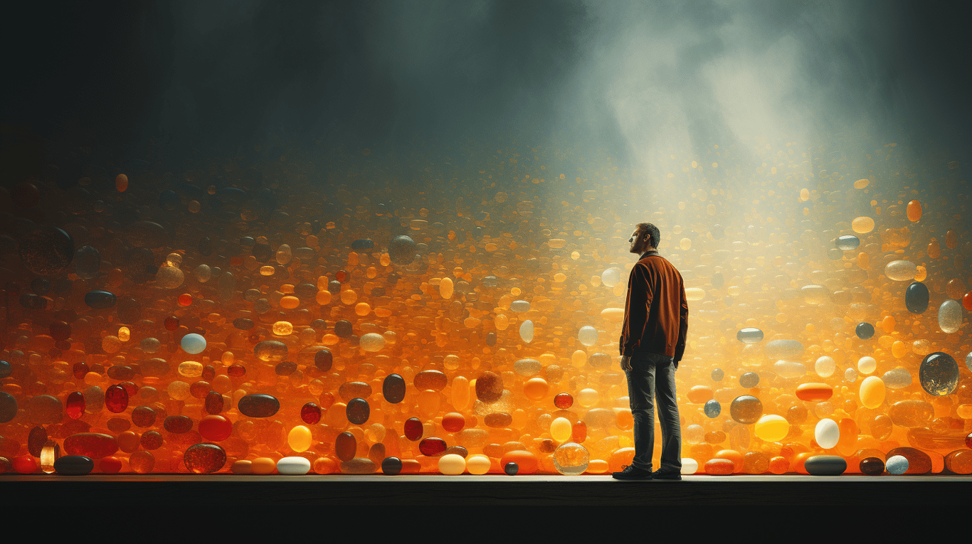 abstract image of a researcher studying a bottle of drug.