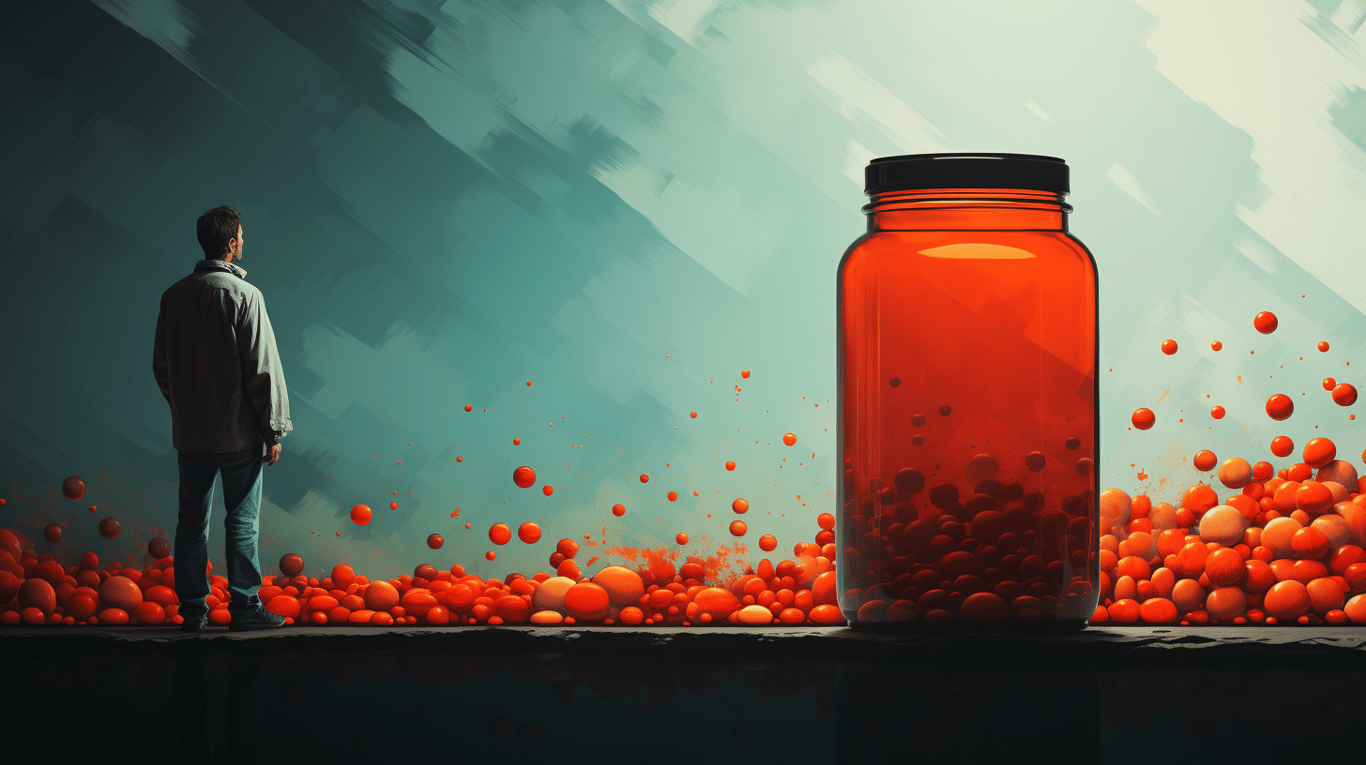 abstract image of a researcher studying a bottle of drug.