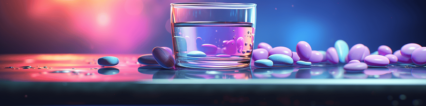 image of drug pills surrounding a glass of water symbolizing drug consumption