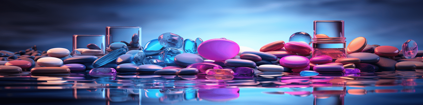 image of drug pills surrounding a glass of water symbolizing drug consumption