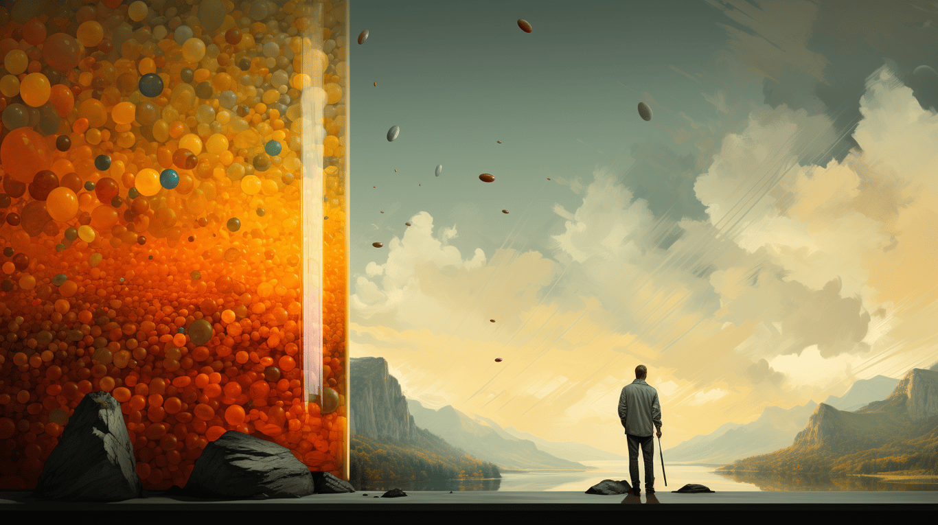 abstract image of a researcher studying a bottle of drug.