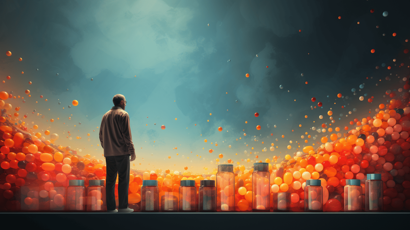 abstract image of a researcher studying a bottle of drug.