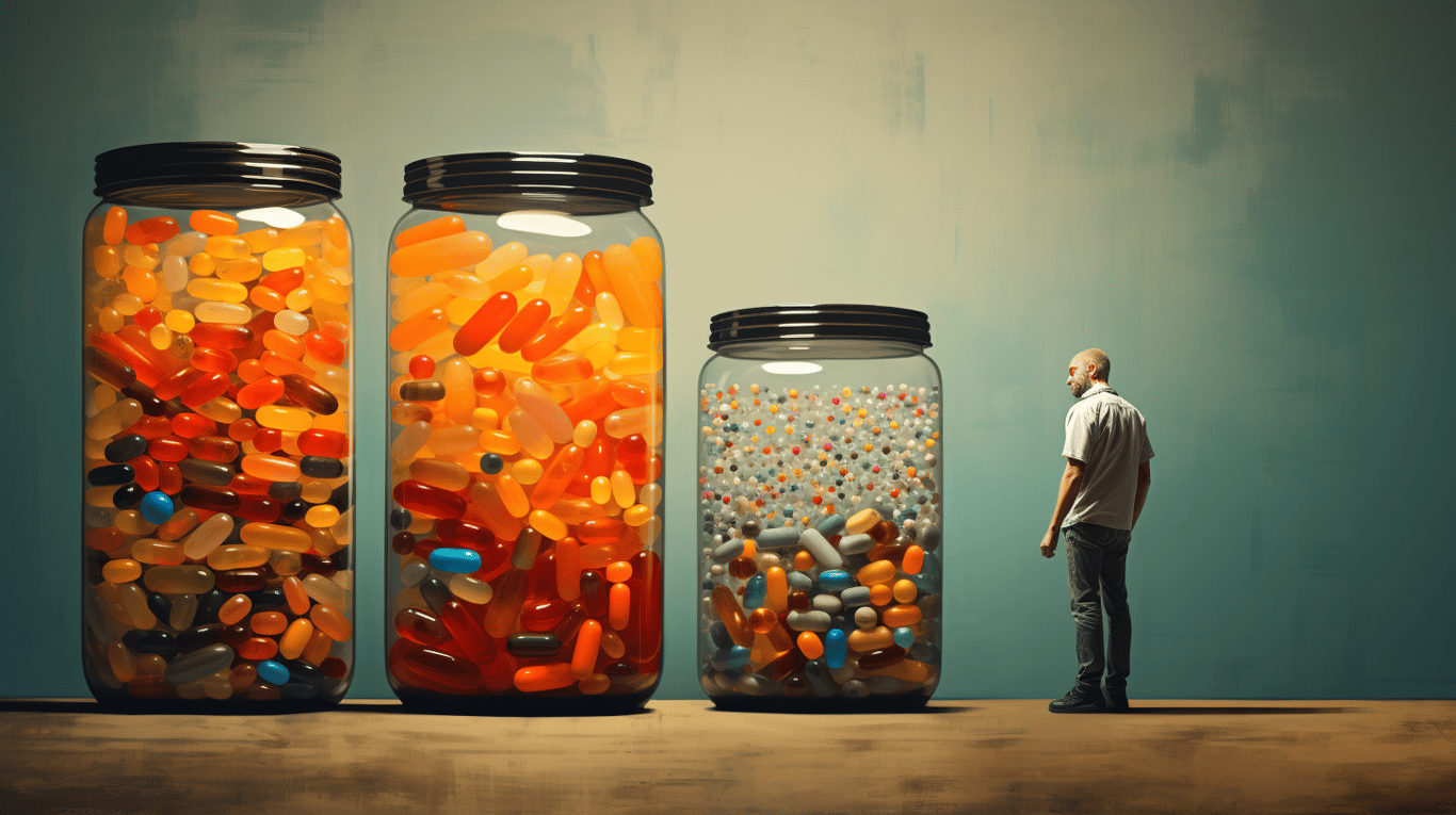 abstract image of a researcher studying a bottle of drug.