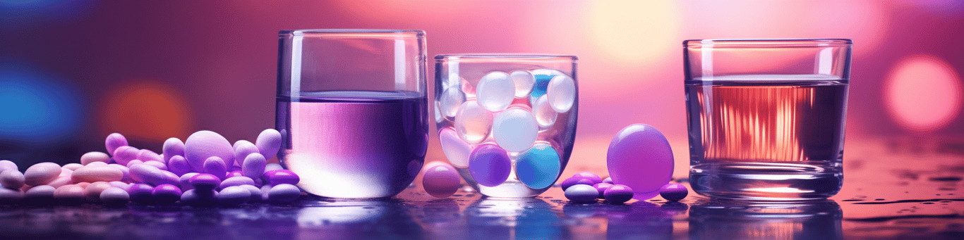 image of drug pills surrounding a glass of water symbolizing drug consumption