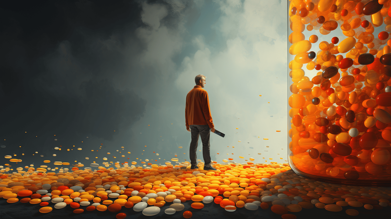 abstract image of a researcher studying a bottle of drug.