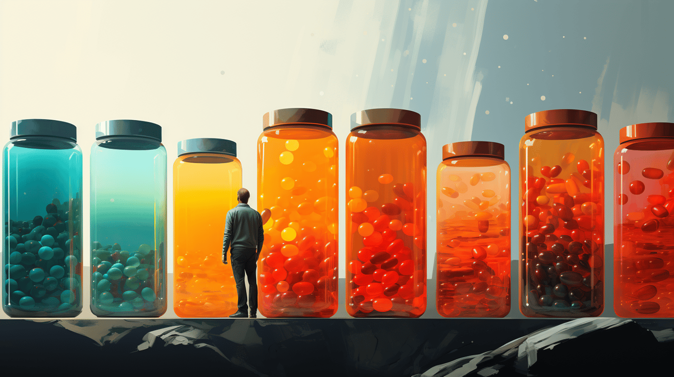 abstract image of a researcher studying a bottle of drug.