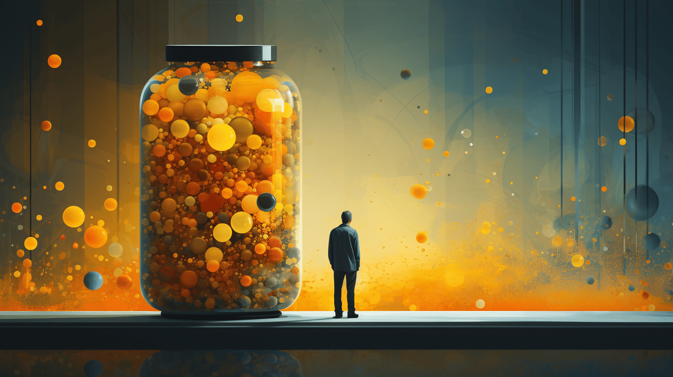 abstract image of a researcher studying a bottle of drug.