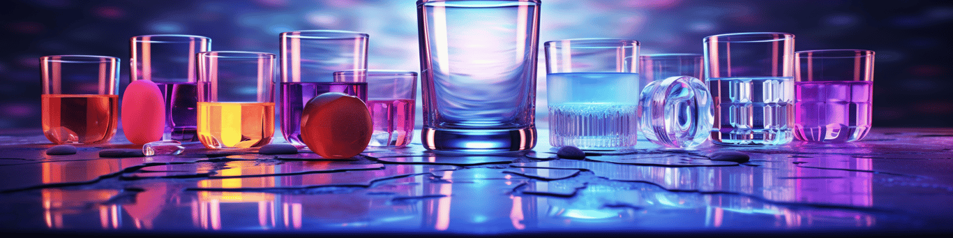 image of drug pills surrounding a glass of water symbolizing drug consumption