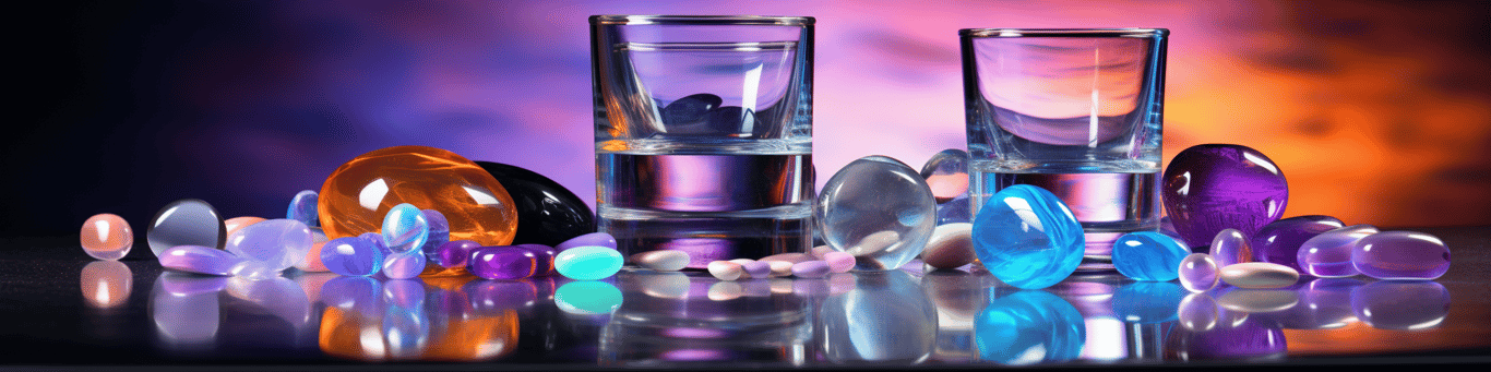 image of drug pills surrounding a glass of water symbolizing drug consumption
