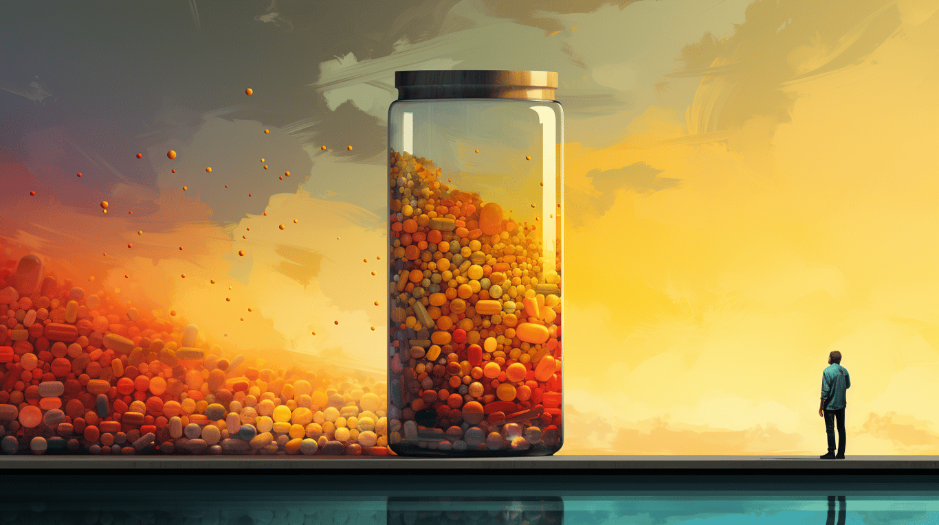 abstract image of a researcher studying a bottle of drug.