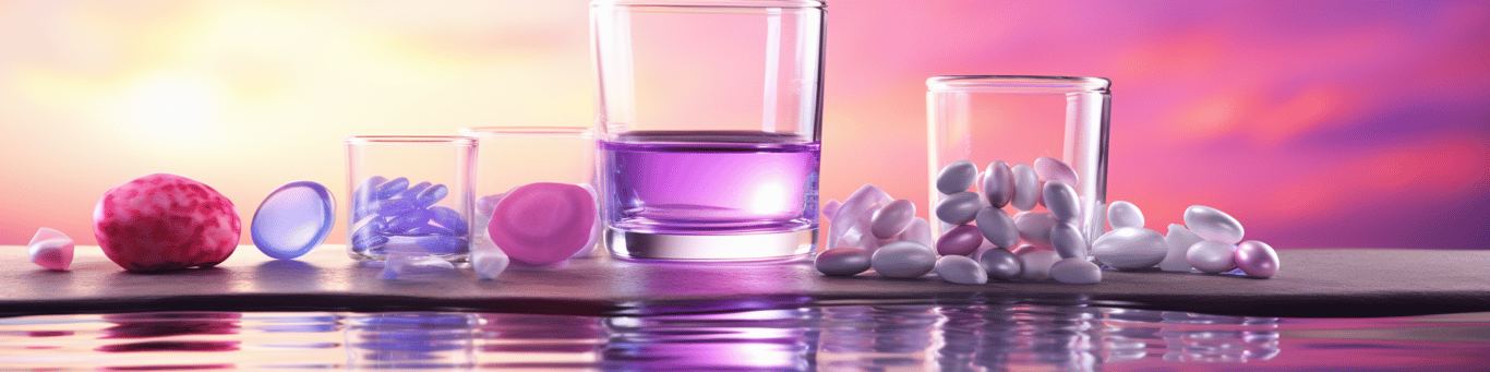 image of drug pills surrounding a glass of water symbolizing drug consumption