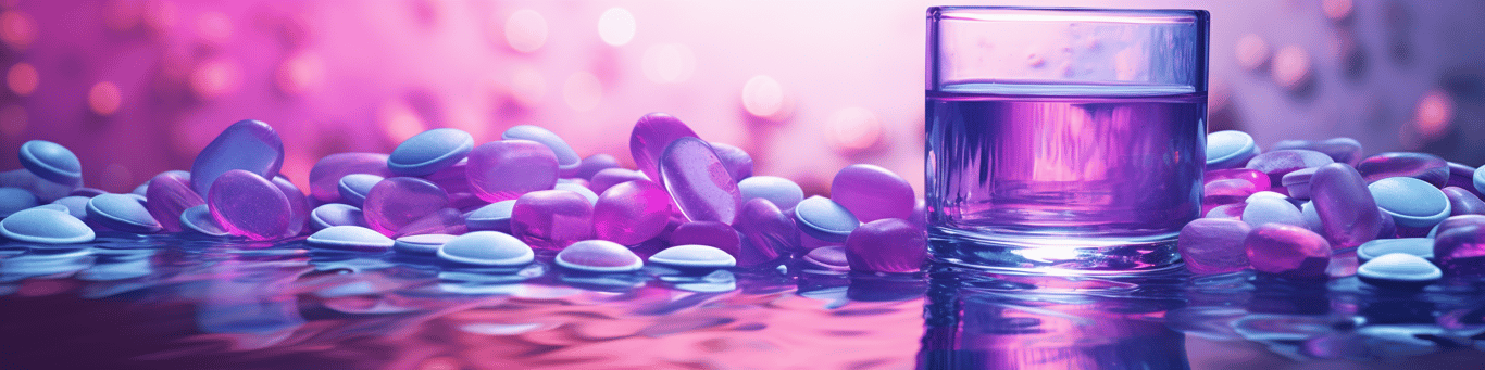 image of drug pills surrounding a glass of water symbolizing drug consumption