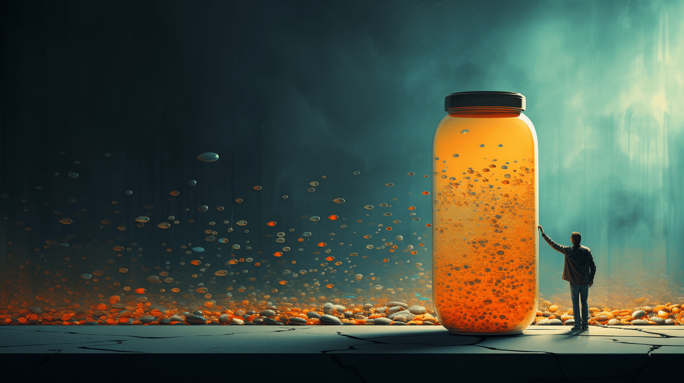 abstract image of a researcher studying a bottle of drug.