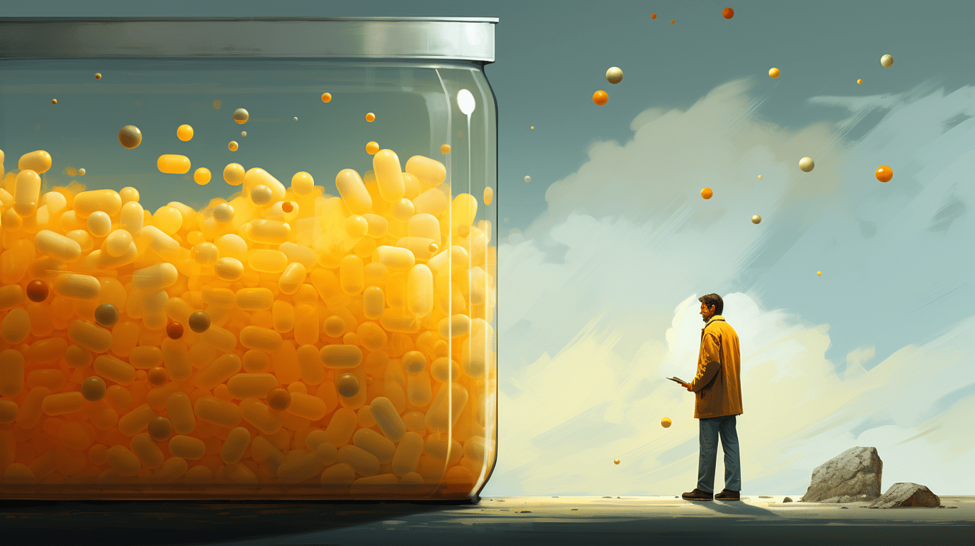 abstract image of a researcher studying a bottle of drug.