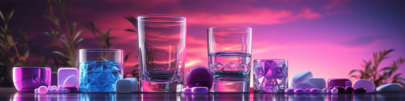 image of drug pills surrounding a glass of water symbolizing drug consumption