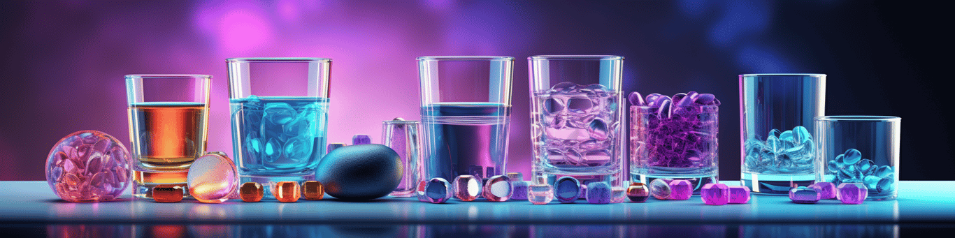 image of drug pills surrounding a glass of water symbolizing drug consumption