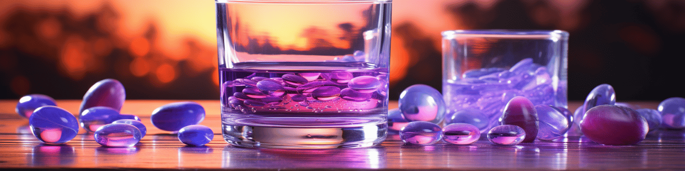 image of drug pills surrounding a glass of water symbolizing drug consumption