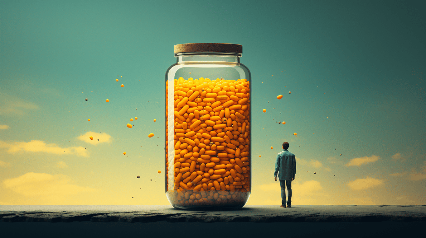 abstract image of a researcher studying a bottle of drug.