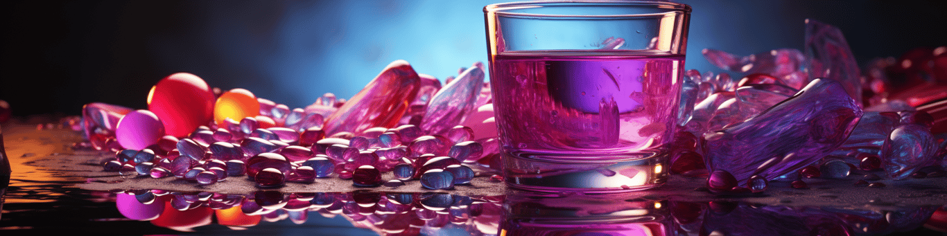image of drug pills surrounding a glass of water symbolizing drug consumption