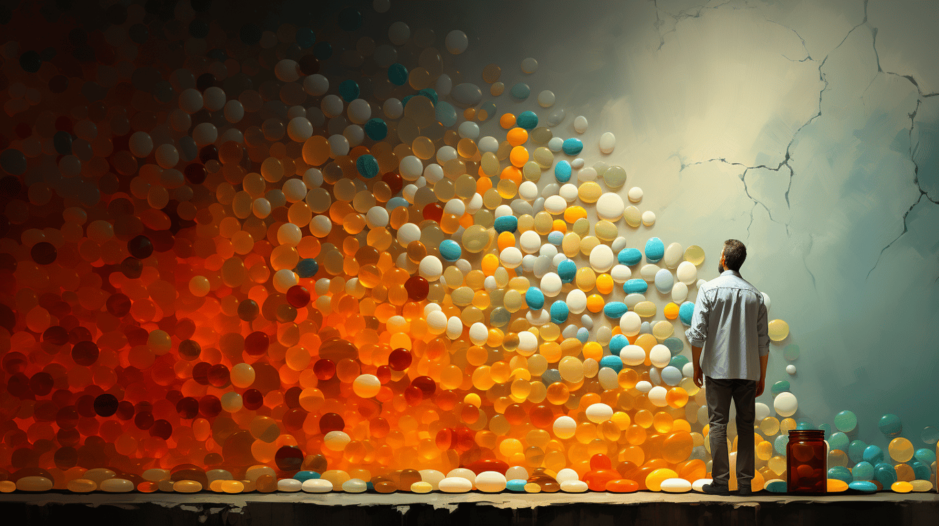 abstract image of a researcher studying a bottle of drug.