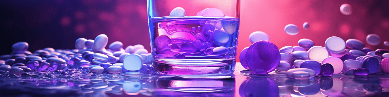 image of drug pills surrounding a glass of water symbolizing drug consumption