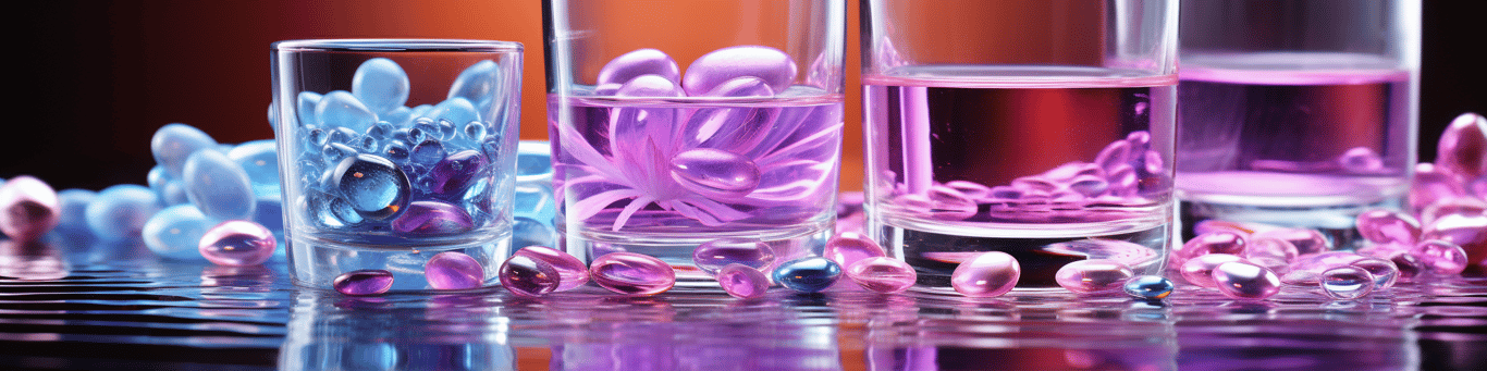 image of drug pills surrounding a glass of water symbolizing drug consumption