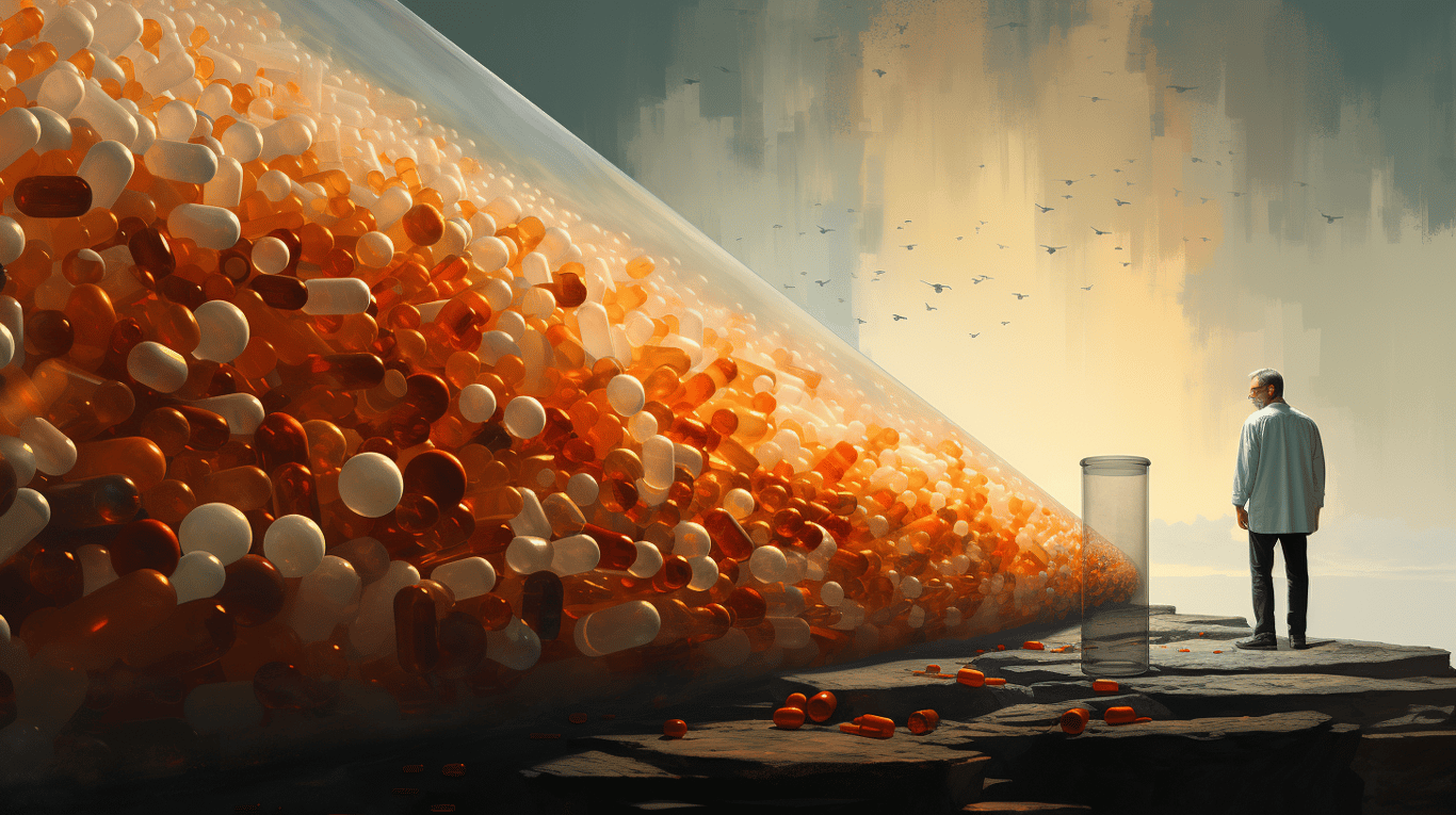 abstract image of a researcher studying a bottle of drug.