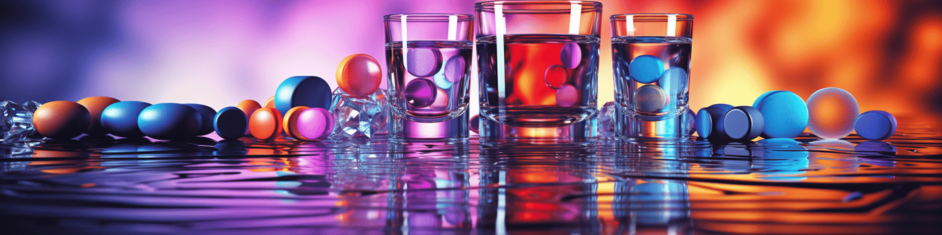 image of drug pills surrounding a glass of water symbolizing drug consumption