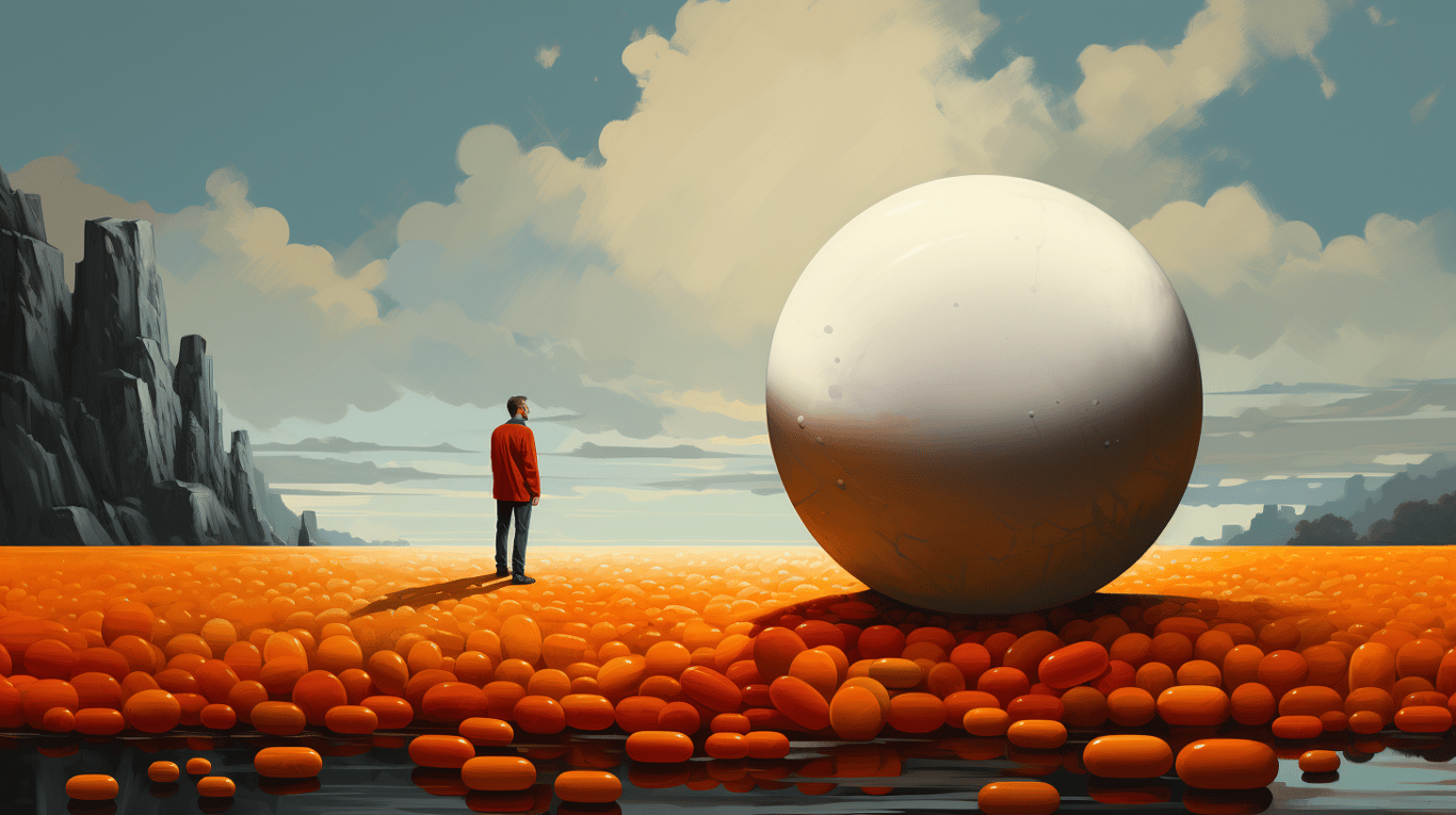 abstract image of a researcher studying a bottle of drug.