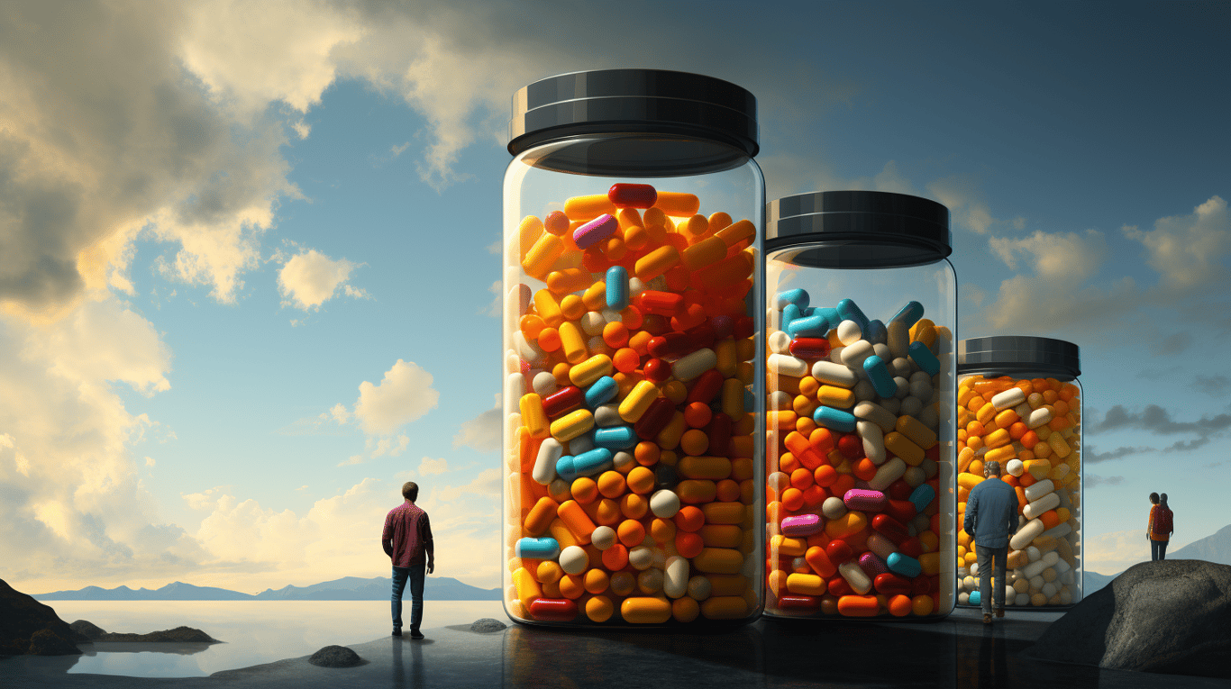 abstract image of a researcher studying a bottle of drug.