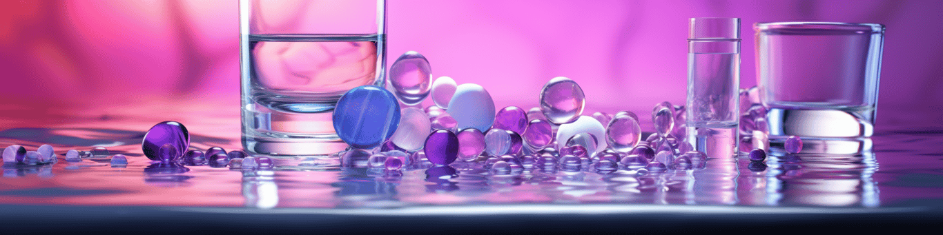 image of drug pills surrounding a glass of water symbolizing drug consumption