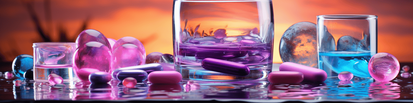 image of drug pills surrounding a glass of water symbolizing drug consumption