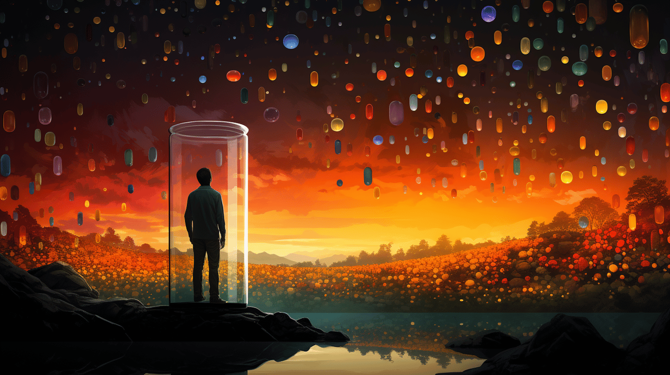 abstract image of a researcher studying a bottle of drug.