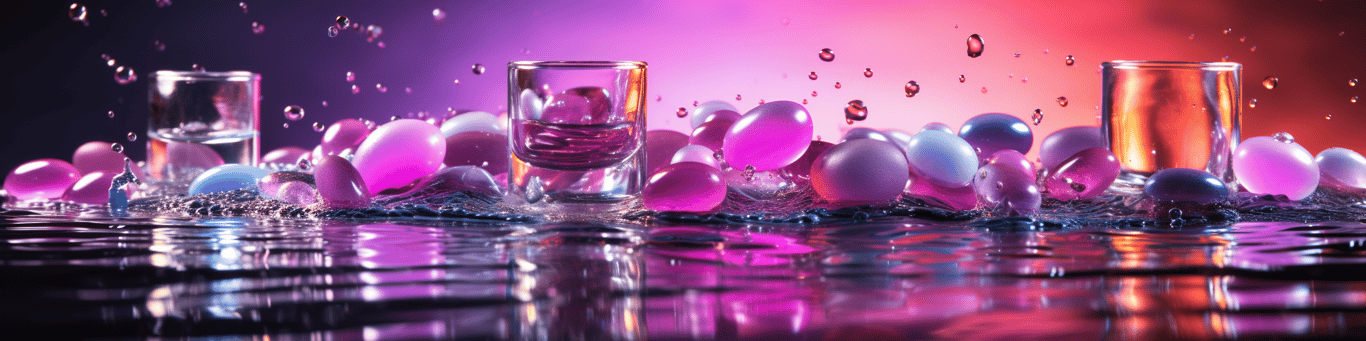 image of drug pills surrounding a glass of water symbolizing drug consumption