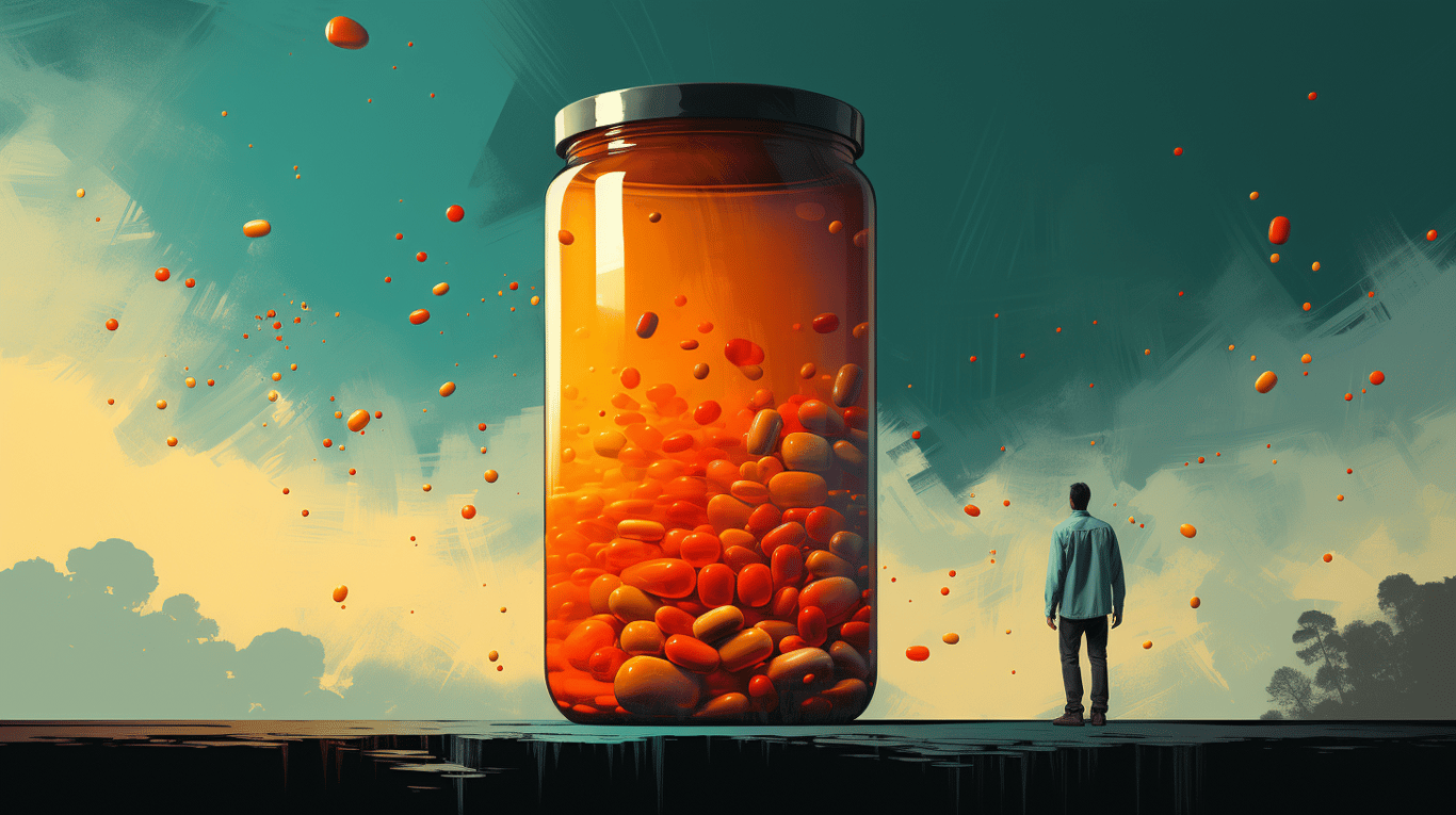 abstract image of a researcher studying a bottle of drug.