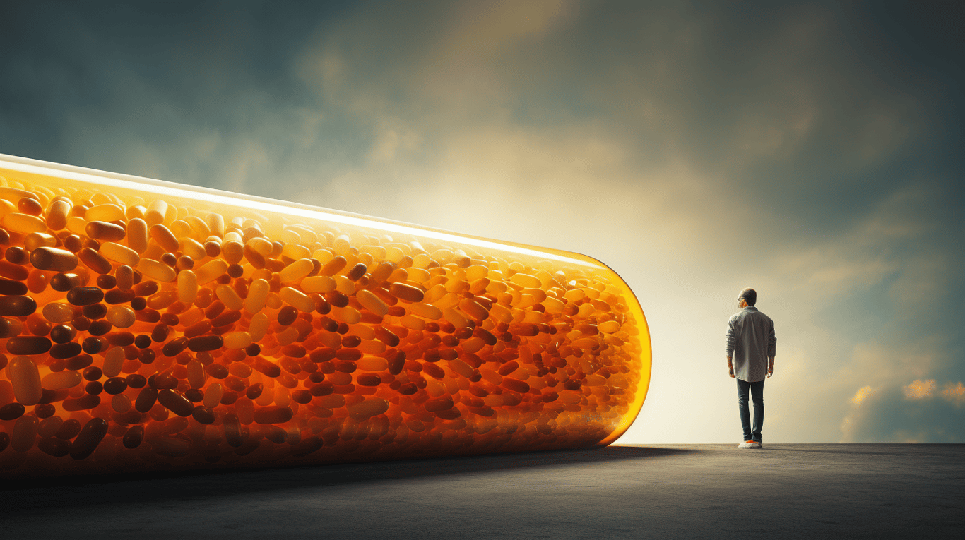 abstract image of a researcher studying a bottle of drug.