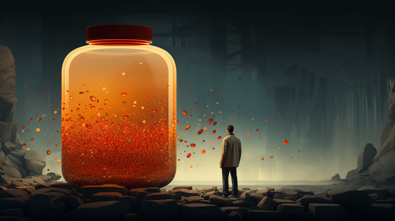 abstract image of a researcher studying a bottle of drug.