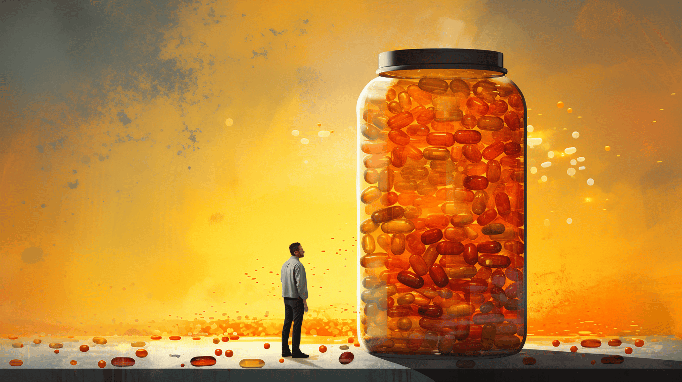 abstract image of a researcher studying a bottle of drug.