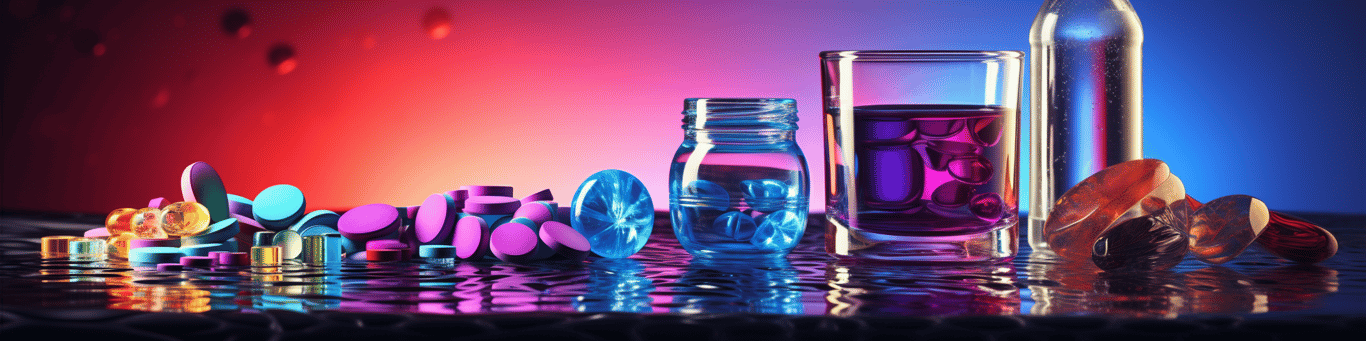 image of drug pills surrounding a glass of water symbolizing drug consumption