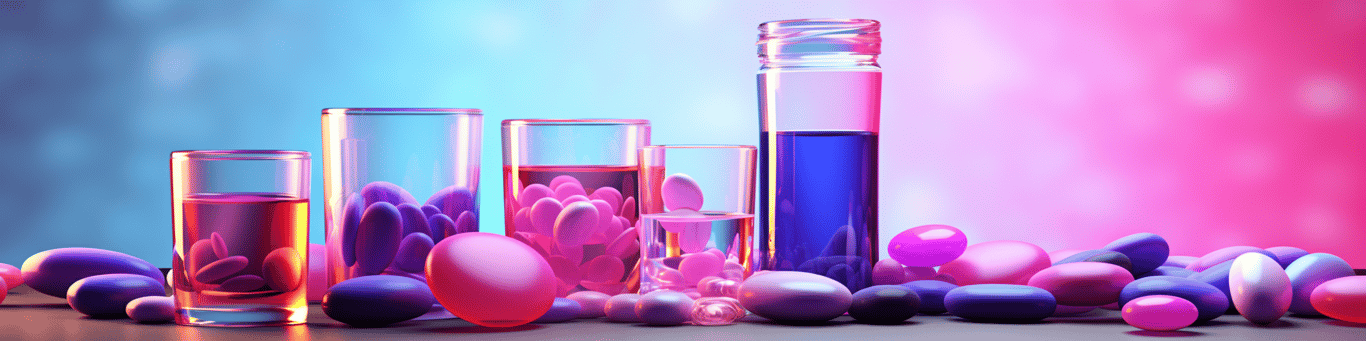 image of drug pills surrounding a glass of water symbolizing drug consumption