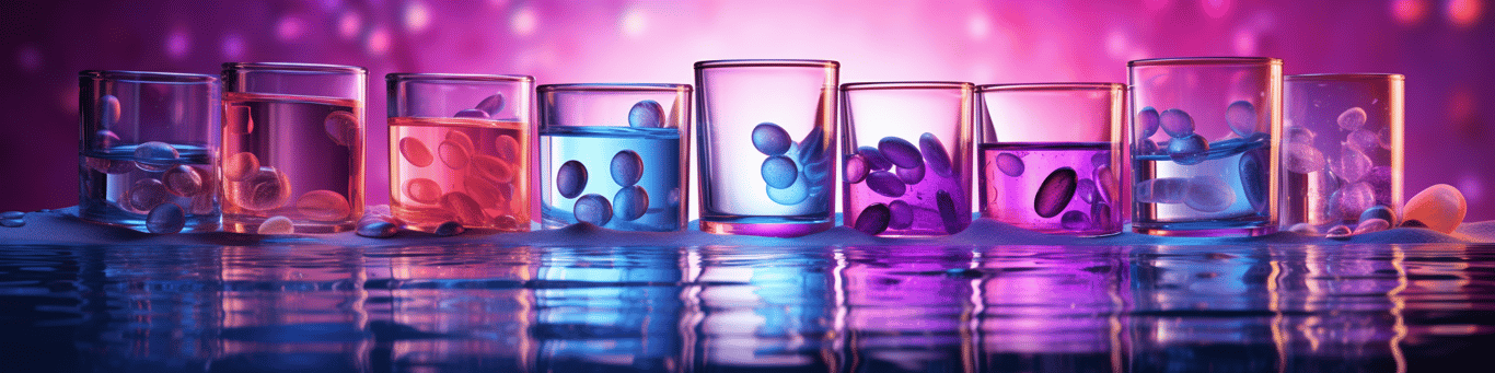 image of drug pills surrounding a glass of water symbolizing drug consumption