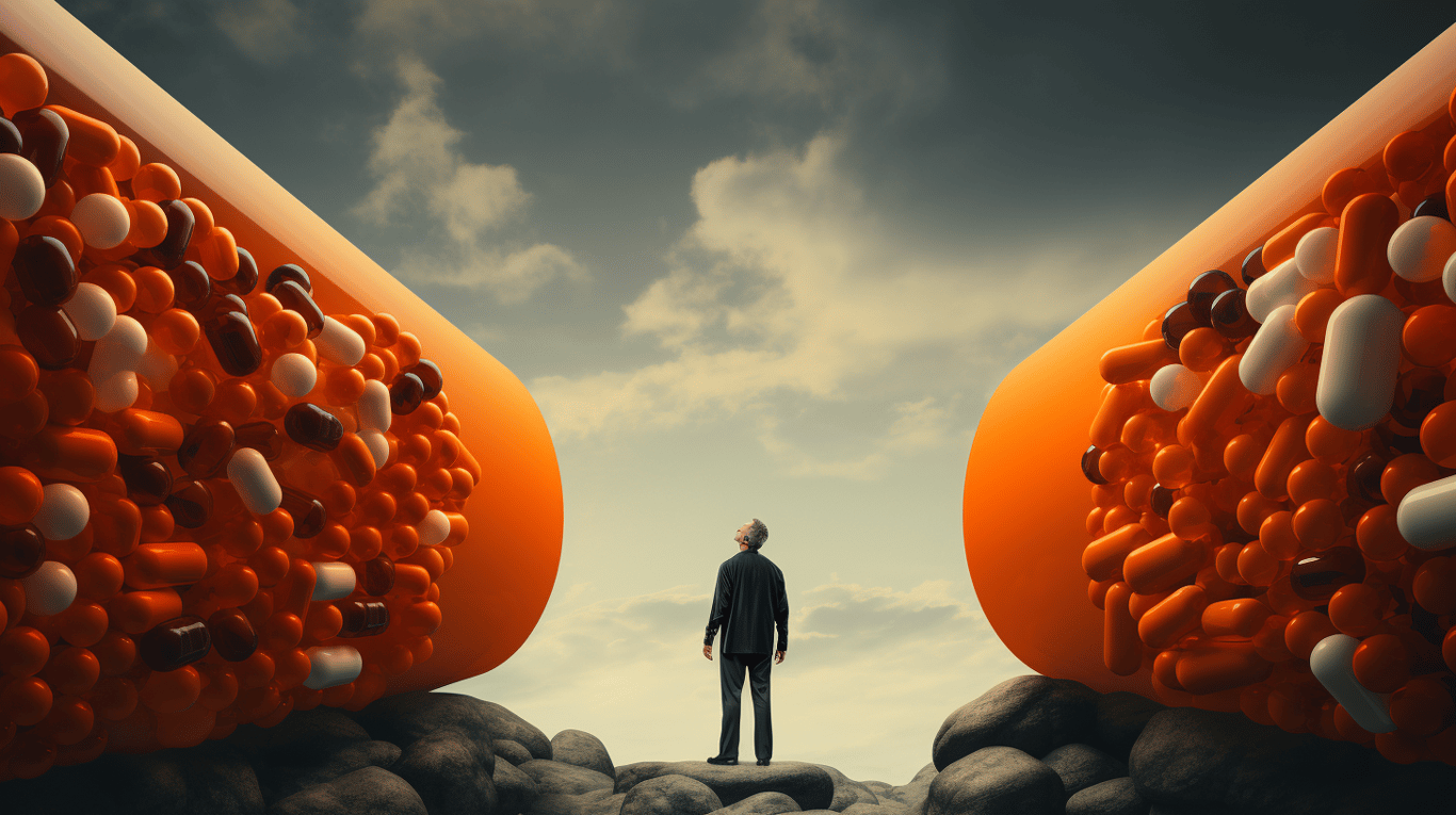 abstract image of a researcher studying a bottle of drug.