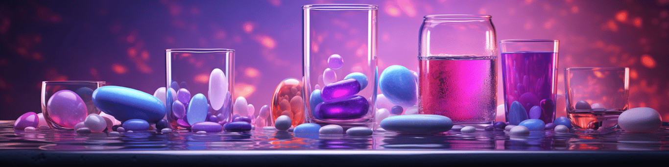 image of drug pills surrounding a glass of water symbolizing drug consumption